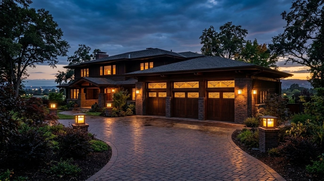 Brown Garage Door Service Exterior Closed Garage Door at Twilight